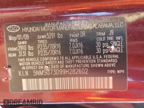 ✅ 2009 Hyundai Santa Fe GLS • VIN: 5NMSG73D99H282602 • Lot: 74215924. Listed on Copart with 133,974 mi. Free auction sales archive from the USA and detailed vehicle history report at DreamBid. Image 13.