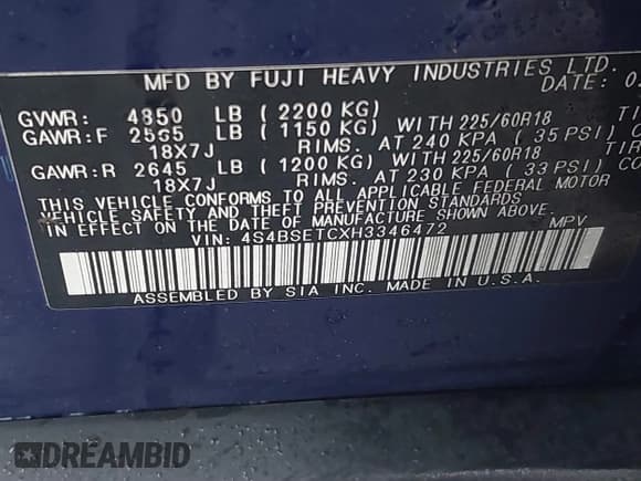 ✅ 2017 Subaru Outback Touring • VIN: 4S4BSETCXH3346472 • Lot: 41574331. Listed on IAAI with 145,379 mi. Free auction sales archive from the USA and detailed vehicle history report at DreamBid. Image 9.