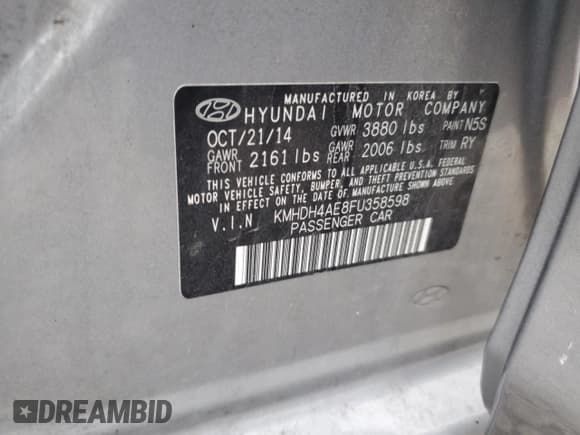 ✅ 2015 Hyundai Elantra Limited • VIN: KMHDH4AE8FU358598 • Lot: 69588505. Listed on Copart with 171,395 mi. Free auction sales archive from the USA and detailed vehicle history report at DreamBid. Image 12.