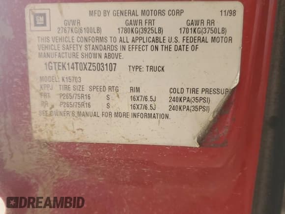 ✅ 1999 GMC Sierra 1500 SLE • VIN: 1GTEK14T0XZ503107 • Лот: 49592285. Опубликован ранее на Copart с пробегом Не указан. Бесплатный доступ к архиву аукционных продаж из США и подробный отчёт об истории автомобиля на DreamBid. Изображение 12.