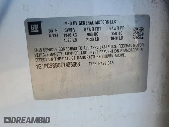 2014 Chevrolet Cruze 1LT z VIN 1G1PC5SB5E7435668, wystawiony jako Copart lot #86121945 z przebiegiem 82 481 mil mil oraz Szkoda całkowita • Salvage title. Historia ofert i sprzedaży dostępna na DreamBid. Obrazek 12.