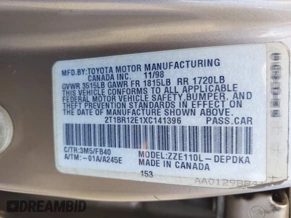 ✅ 1999 Toyota Corolla VE • VIN: 2T1BR12E1XC141396 • Lot: 42969365. Listed on IAAI with 215,831 mi. Free auction sales archive from the USA and detailed vehicle history report at DreamBid. Image 9.