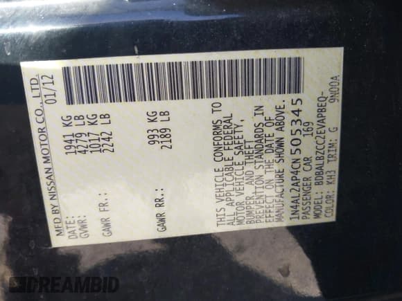 ✅ 2012 Nissan Altima S • VIN: 1N4AL2AP4CN505345 • Lot: 43279521. Listed on IAAI with 88,752 mi. Free auction sales archive from the USA and detailed vehicle history report at DreamBid. Image 9.