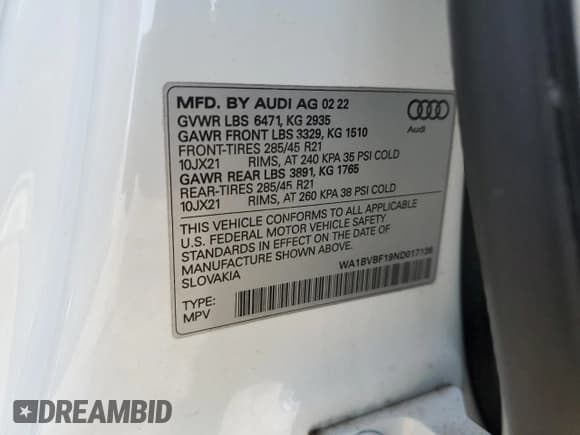 ✅ 2022 Audi Q8 Premium Plus • VIN: WA1BVBF19ND017136 • Lot: 53187265. Listed on Copart with 41,734 mi. Free auction sales archive from the USA and detailed vehicle history report at DreamBid. Image 14.