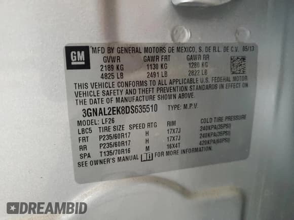 ✅ 2013 Chevrolet Captiva Sport LS • VIN: 3GNAL2EK8DS635510 • Lot: 44644125. Wystawiony na Copart z przebiegiem 112 596 mil. Bezpłatny archiwum sprzedaży aukcyjnych z USA i szczegółowy raport historii pojazdu na DreamBid. Zdjęcie 12.