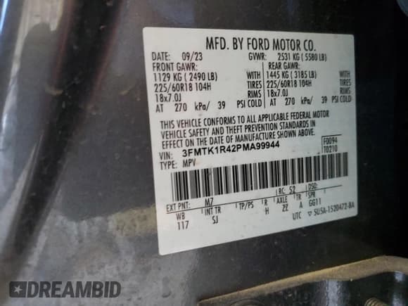 ✅ 2023 Ford Mustang Mach-E Select • VIN: 3FMTK1R42PMA99944 • Lot: 86703595. Listed on Copart with 28,053 mi. Free auction sales archive from the USA and detailed vehicle history report at DreamBid. Image 13.