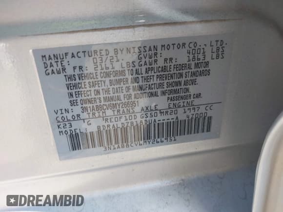 ✅ 2021 Nissan Sentra SV • VIN: 3N1AB8CV6MY266951 • Lot: 43265867. Wystawiony na IAAI z przebiegiem 100 622 mil. Bezpłatny archiwum sprzedaży aukcyjnych z USA i szczegółowy raport historii pojazdu na DreamBid. Zdjęcie 9.