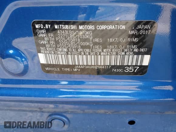 2017 Mitsubishi Outlander ES с VIN JA4AP3AUXHZ044317, выставлен на аукционе IAAI как лот 43149031 с пробегом 72 964 миль миль и . История ставок и продаж доступна на DreamBid. Изображение 9.