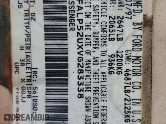 ✅ 1997 Ford Taurus GL • VIN: 1FALP52UXVG283338 • Lot: 86075285. Listed on Copart with 172,130 mi. Free auction sales archive from the USA and detailed vehicle history report at DreamBid. Image 12.