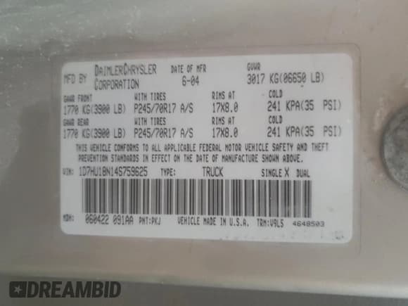 ✅ 2004 Dodge 1500 SLT • VIN: 1D7HU18N14S759625 • Лот: 73691354. Опубликован ранее на Copart с пробегом Не указан. Бесплатный доступ к архиву аукционных продаж из США и подробный отчёт об истории автомобиля на DreamBid. Изображение 12.