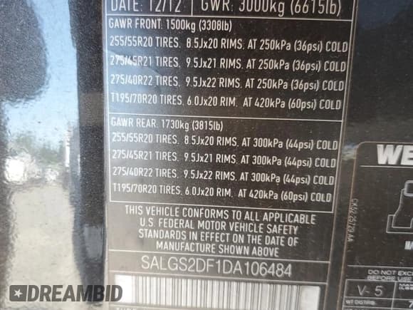 ✅ 2013 Land Rover Range Rover HSE • VIN: SALGS2DF1DA106484 • Lot: 66150325. Listed on Copart with 123,684 mi. Free auction sales archive from the USA and detailed vehicle history report at DreamBid. Image 13.