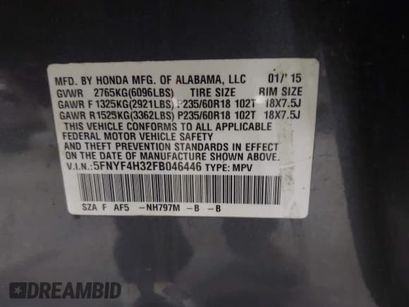 ✅ 2015 Honda Pilot SE • VIN: 5FNYF4H32FB046446 • Lot: 42995806. Listed on IAAI with 137,831 mi. Free auction sales archive from the USA and detailed vehicle history report at DreamBid. Image 9.