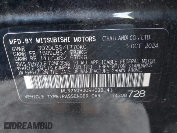 ✅ 2024 Mitsubishi Mirage ES • VIN: ML32AUHJ0RH033141 • Лот: 43664899. Опубликован ранее на IAAI с пробегом 12 115 миль. Бесплатный доступ к архиву аукционных продаж из США и подробный отчёт об истории автомобиля на DreamBid. Изображение 9.