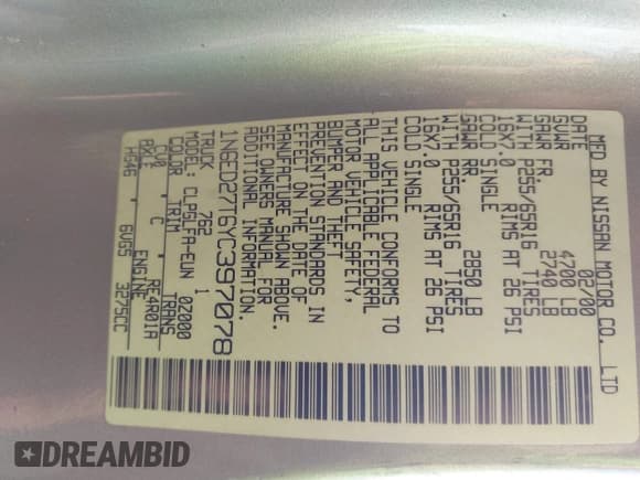 ✅ 2000 Nissan Frontier XE • VIN: 1N6ED27T6YC397078 • Lot: 43785113. Listed on IAAI with 172,681 mi. Free auction sales archive from the USA and detailed vehicle history report at DreamBid. Image 9.