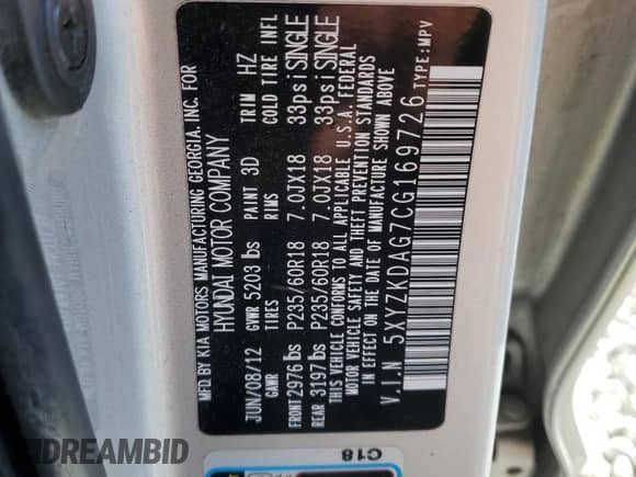 2012 Hyundai Santa Fe Limited с VIN 5XYZKDAG7CG169726, выставлен на аукционе Copart как лот 71384244 с пробегом 144 069 миль миль и Чистый • Clean title. История ставок и продаж доступна на DreamBid. Изображение 13.