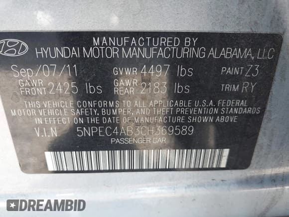 ✅ 2012 Hyundai Sonata Limited • VIN: 5NPEC4AB3CH369589 • Lot: 43808630. Listed on IAAI with Not provided. Free auction sales archive from the USA and detailed vehicle history report at DreamBid. Image 9.