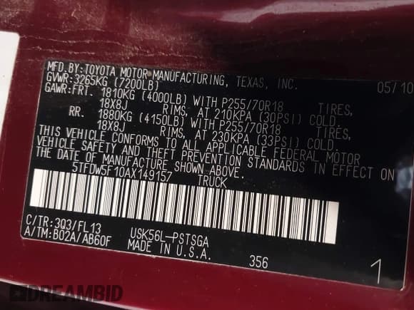 ✅ 2010 Toyota Tundra • VIN: 5TFDW5F10AX149157 • Lot: 42788761. Listed on IAAI with 150,199 mi. Free auction sales archive from the USA and detailed vehicle history report at DreamBid. Image 9.