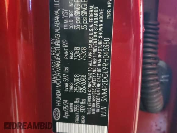 2024 Hyundai Santa Fe SEL с VIN 5NMP2DGL9RH040350, выставлен на аукционе Copart как лот 47290055 с пробегом Не указан миль и Списание • Salvage title. История ставок и продаж доступна на DreamBid. Изображение 13.