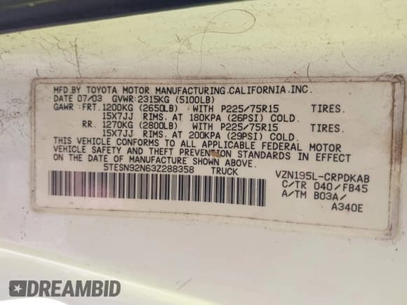 ✅ 2003 Toyota Tacoma PreRunner • VIN: 5TESN92N63Z288358 • Lot: 43208219. Wystawiony na IAAI z przebiegiem 282 362 mil. Bezpłatny archiwum sprzedaży aukcyjnych z USA i szczegółowy raport historii pojazdu na DreamBid. Zdjęcie 9.