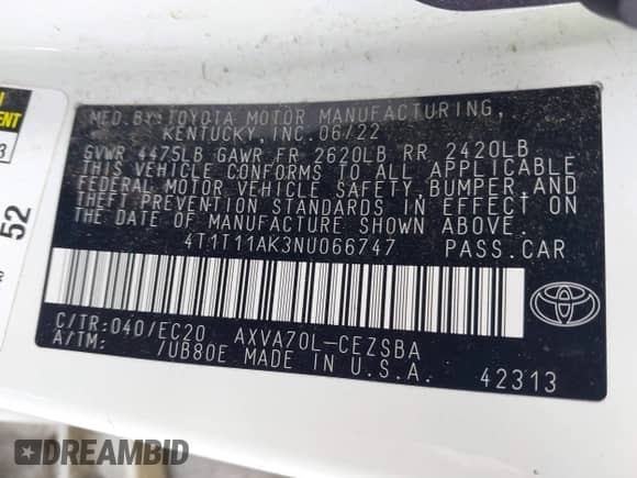 2022 Toyota Camry SE z VIN 4T1T11AK3NU066747, wystawiony jako IAAI lot #42347249 z przebiegiem 112 765 mil mil oraz . Historia ofert i sprzedaży dostępna na DreamBid. Obrazek 9.