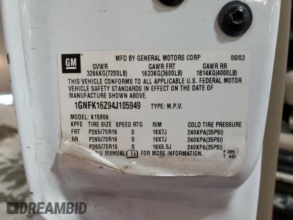 ✅ 2004 Chevrolet Suburban LS • VIN: 1GNFK16Z94J105949 • Лот: 45731425. Опубликован ранее на Copart с пробегом 196 982 миль. Бесплатный доступ к архиву аукционных продаж из США и подробный отчёт об истории автомобиля на DreamBid. Изображение 16.