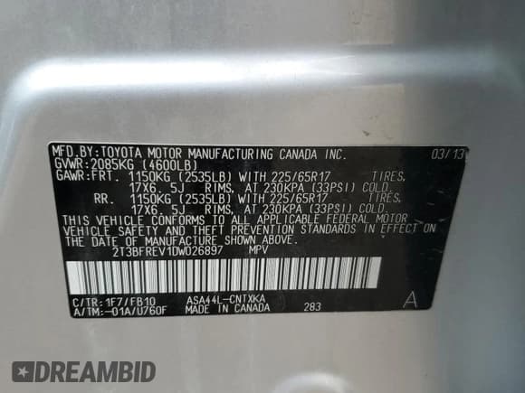 ✅ 2013 Toyota RAV4 LE • VIN: 2T3BFREV1DW026897 • Lot: 54801195. Listed on Copart with 186,870 mi. Free auction sales archive from the USA and detailed vehicle history report at DreamBid. Image 13.