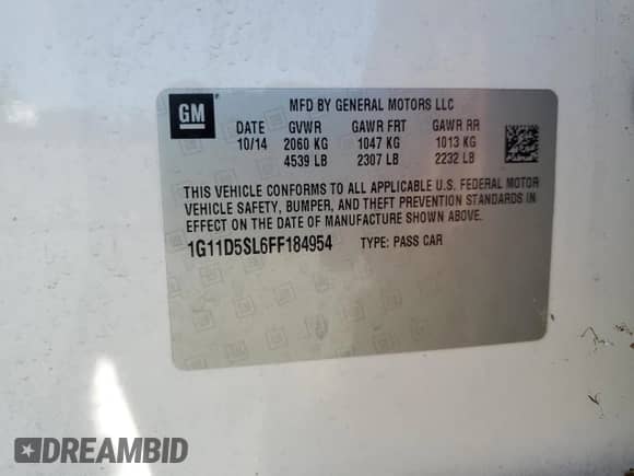 2015 Chevrolet Malibu LT with VIN 1G11D5SL6FF184954, listed as a Copart auction lot 86497075 with 71,101 mi miles and Salvage title. Bid and sale history available at DreamBid. Image 12.