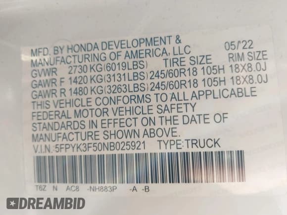 ✅ 2022 Honda Ridgeline RTL • VIN: 5FPYK3F50NB025921 • Lot: 43483259. Listed on IAAI with 45,266 mi. Free auction sales archive from the USA and detailed vehicle history report at DreamBid. Image 9.