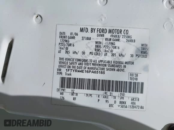 ✅ 2006 Ford Ranger STX • VIN: 1FTYR44E16PA65185 • Lot: 42786848. Listed on IAAI with 239,254 mi. Free auction sales archive from the USA and detailed vehicle history report at DreamBid. Image 9.