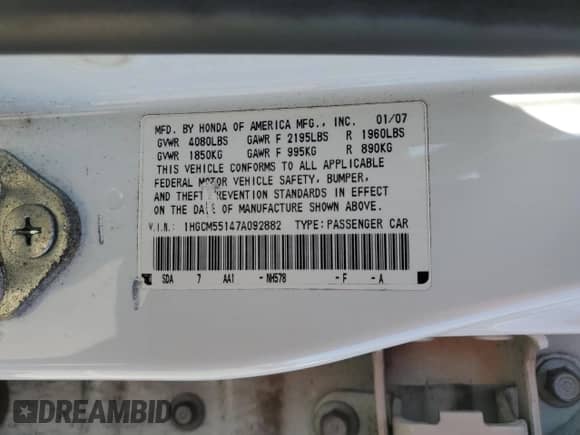 2007 Honda Accord VP with VIN 1HGCM55147A092882, listed as a Copart auction lot 52443125 with 188,699 mi miles and Salvage title. Bid and sale history available at DreamBid. Image 15.