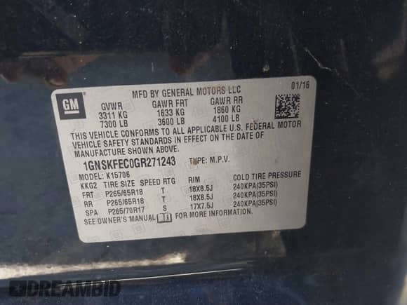 2016 Chevrolet Tahoe Commercial with VIN 1GNSKFEC0GR271243, listed as a IAAI auction lot 41744341 with 189,878 mi miles and . Bid and sale history available at DreamBid. Image 9.