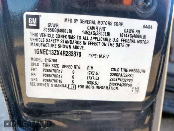 ✅ 2004 Chevrolet Tahoe LS • VIN: 1GNEC13ZX4R283870 • Lot: 67643795. Listed on Copart with 318,519 mi. Free auction sales archive from the USA and detailed vehicle history report at DreamBid. Image 12.