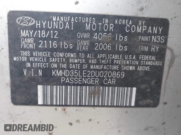 ✅ 2013 Hyundai Elantra • VIN: KMHD35LE2DU020869 • Lot: 43635744. Listed on IAAI with 195,927 mi. Free auction sales archive from the USA and detailed vehicle history report at DreamBid. Image 9.