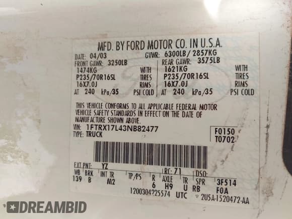 ✅ 2003 Ford F-150 XL • VIN: 1FTRX17L43NB82477 • Лот: 42427957. Опубликован ранее на IAAI с пробегом Не указан. Бесплатный доступ к архиву аукционных продаж из США и подробный отчёт об истории автомобиля на DreamBid. Изображение 9.