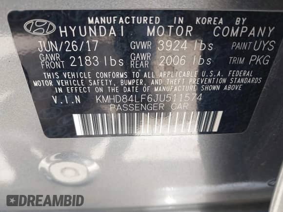 2018 Hyundai Elantra Value Edition with VIN KMHD84LF6JU511574, listed as a IAAI auction lot 42291898 with 99,296 mi miles and . Bid and sale history available at DreamBid. Image 9.