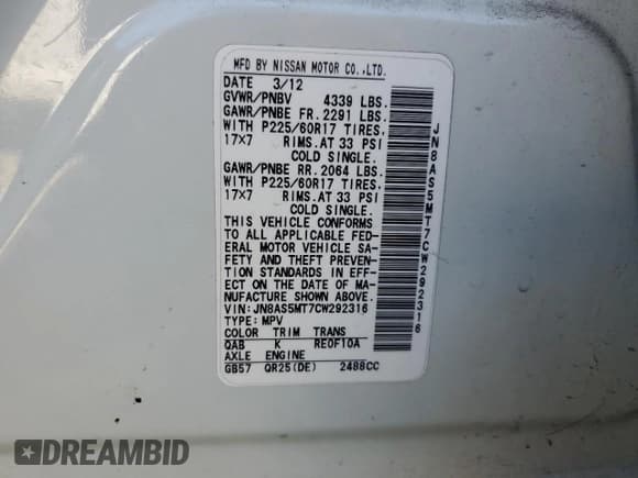 ✅ 2012 Nissan Rogue S • VIN: JN8AS5MT7CW292316 • Lot: 91107335. Listed on Copart with 166,993 mi. Free auction sales archive from the USA and detailed vehicle history report at DreamBid. Image 13.