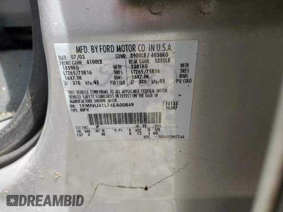 ✅ 2004 Ford Excursion Special Serv • VIN: 1FMNU41L74EA00849 • Лот: 56391645. Опубликован ранее на Copart с пробегом 258 656 миль. Бесплатный доступ к архиву аукционных продаж из США и подробный отчёт об истории автомобиля на DreamBid. Изображение 13.