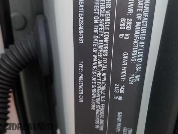 ✅ 2025 Lucid Air Touring • VIN: 50EA1TEA2SA004161 • Лот: 83938615. Опубликован ранее на Copart с пробегом Не указан. Бесплатный доступ к архиву аукционных продаж из США и подробный отчёт об истории автомобиля на DreamBid. Изображение 13.