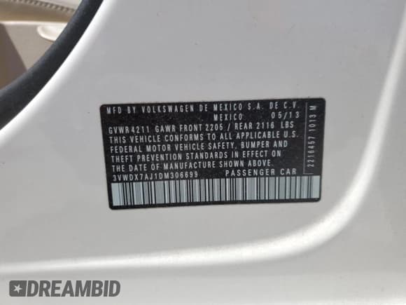 ✅ 2013 Volkswagen Jetta SE • VIN: 3VWDX7AJ1DM306699 • Lot: 54454395. Listed on Copart with 154,967 mi. Free auction sales archive from the USA and detailed vehicle history report at DreamBid. Image 13.