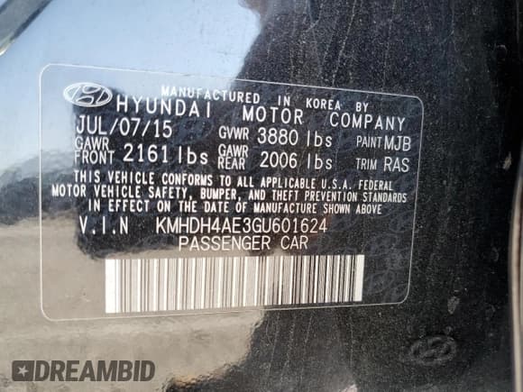 ✅ 2016 Hyundai Elantra SE • VIN: KMHDH4AE3GU601624 • Lot: 68548065. Listed on Copart with Not provided. Free auction sales archive from the USA and detailed vehicle history report at DreamBid. Image 12.