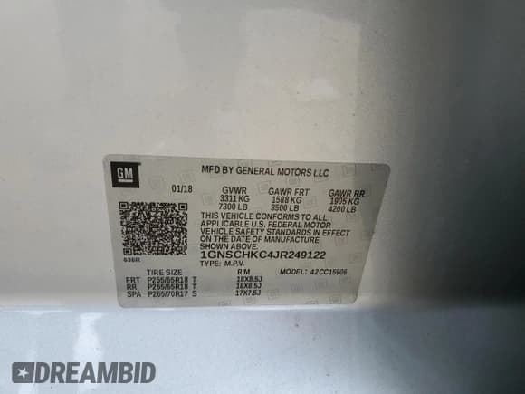 ✅ 2018 Chevrolet Suburban LT • VIN: 1GNSCHKC4JR249122 • Лот: 81604185. Опубликован ранее на Copart с пробегом 121 859 миль. Бесплатный доступ к архиву аукционных продаж из США и подробный отчёт об истории автомобиля на DreamBid. Изображение 13.