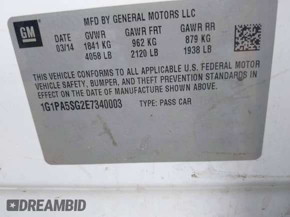 2014 Chevrolet Cruze LS с VIN 1G1PA5SG2E7340003, выставлен на аукционе IAAI как лот 43199350 с пробегом 123 646 миль миль и . История ставок и продаж доступна на DreamBid. Изображение 9.