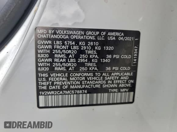 ✅ 2021 Volkswagen Atlas SE • VIN: 1V2WR2CA7MC578874 • Лот: 95669955. Опубликован ранее на Copart с пробегом 69 630 миль. Бесплатный доступ к архиву аукционных продаж из США и подробный отчёт об истории автомобиля на DreamBid. Изображение 13.