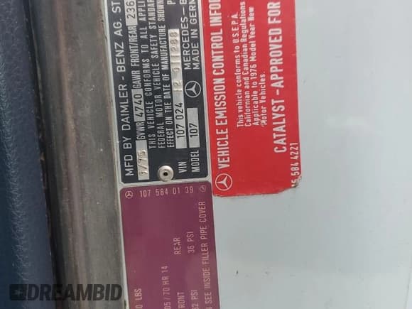 ✅ 1976 Mercedes-Benz SLC • VIN: 10702412011288 • Lot: 75312904. Listed on Copart with 143,351 mi. Free auction sales archive from the USA and detailed vehicle history report at DreamBid. Image 12.