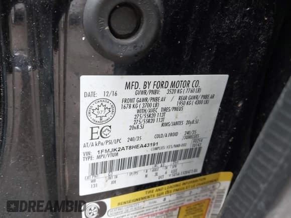 ✅ 2017 Ford Expedition Max Limited • VIN: 1FMJK2AT8HEA43191 • Lot: 42143786. Wystawiony na IAAI z przebiegiem 121 816 mil. Bezpłatny archiwum sprzedaży aukcyjnych z USA i szczegółowy raport historii pojazdu na DreamBid. Zdjęcie 9.