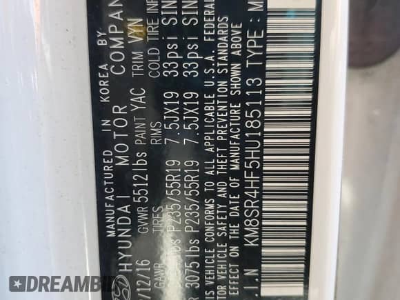 2017 Hyundai Santa Fe Limited Ultimate with VIN KM8SR4HF5HU185113, listed as a Copart auction lot 90997665 with 223,157 mi miles and Clean title. Bid and sale history available at DreamBid. Image 13.