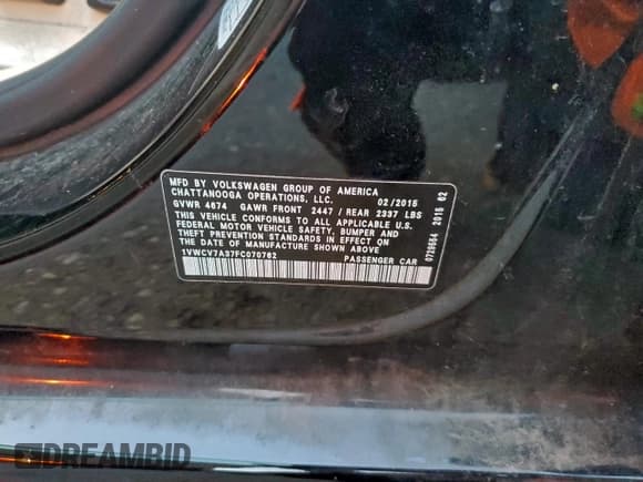 ✅ 2015 Volkswagen Passat SEL Premium • VIN: 1VWCV7A37FC070762 • Lot: 94560655. Listed on Copart with 210,834 mi. Free auction sales archive from the USA and detailed vehicle history report at DreamBid. Image 12.