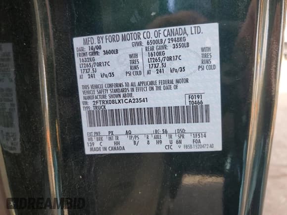 ✅ 2001 Ford F-150 XL • VIN: 2FTRX08LX1CA23541 • Лот: 91902115. Опубликован ранее на Copart с пробегом 124 206 миль. Бесплатный доступ к архиву аукционных продаж из США и подробный отчёт об истории автомобиля на DreamBid. Изображение 12.