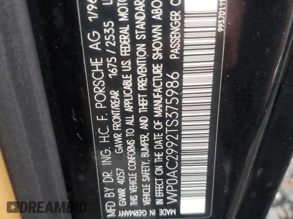 ✅ 1996 Porsche 911 • VIN: WP0AC2992TS375986 • Lot: 74504624. Wystawiony na Copart z przebiegiem Nie podano. Bezpłatny archiwum sprzedaży aukcyjnych z USA i szczegółowy raport historii pojazdu na DreamBid. Zdjęcie 12.