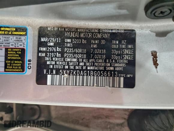 ✅ 2011 Hyundai Santa Fe Limited • VIN: 5XYZKDAG1BG056613 • Lot: 94442315. Listed on Copart with 154,259 mi. Free auction sales archive from the USA and detailed vehicle history report at DreamBid. Image 13.